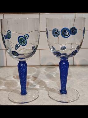 Pair Millefiori Wine Glasses Water Goblets Hand Blown Blue Murano Art Glass Set